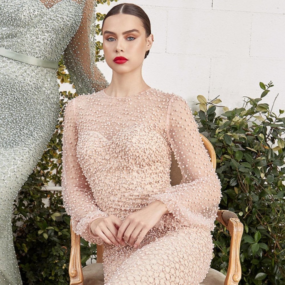 NEW FULLY PEARLED LONG SLEEVE FIT AND FLARE DRESS WITH GATHERED SLEEVES AL A0997